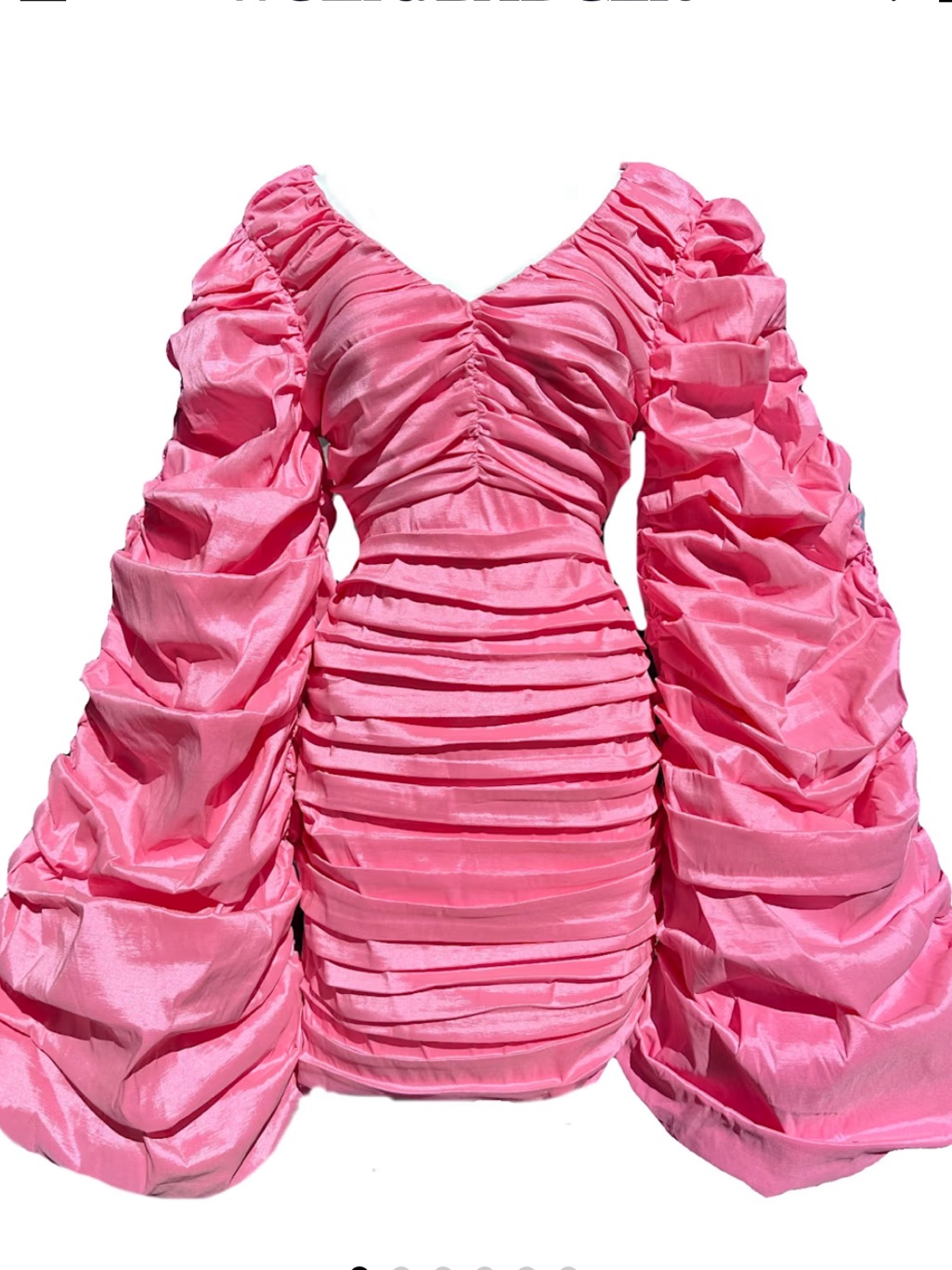 Madeleine Simon Studio Pink Ruched Mini Dress With Dramatic Puff Sleeves